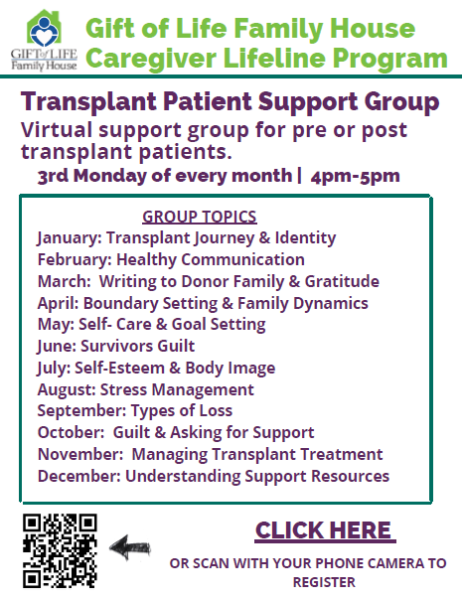 Transplant patients support group webinar monthly flyer