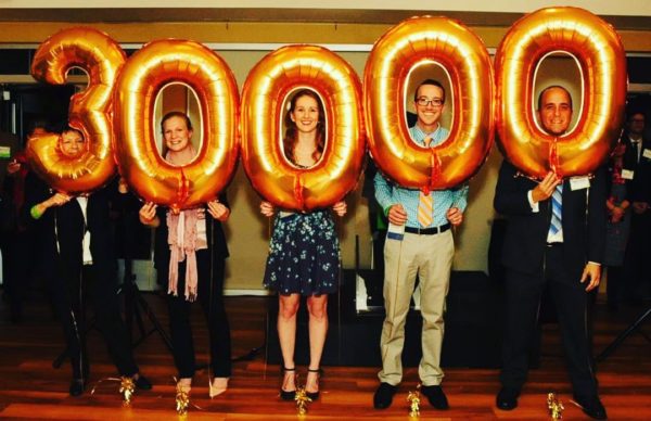 people holding balloons that say 30,000