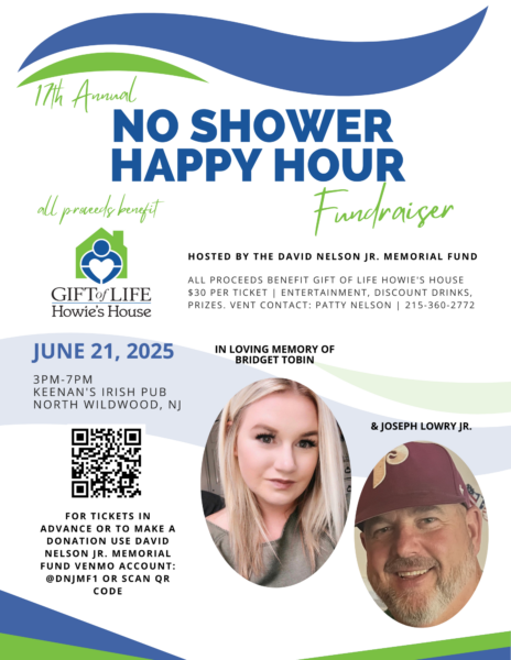 Flyer showing the details for the 19th Annual No Shower Happy Hour in memory of Bridget Tobin and celebrating Joseph Lowry Jr.