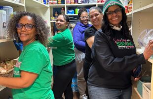 picture of 5 women from Alpha Kappa Alpha Sorority inside Howie's House food pantry