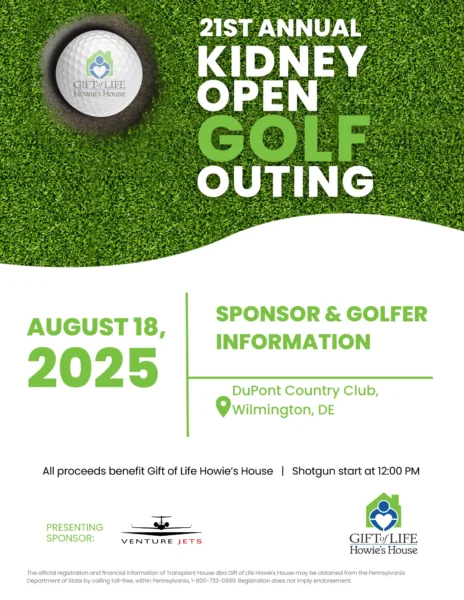 Page shows a golf ball sitting in a hole with 2025 Kidney Open Golf Outing Sponsorship & Golfer Information below - Cover page