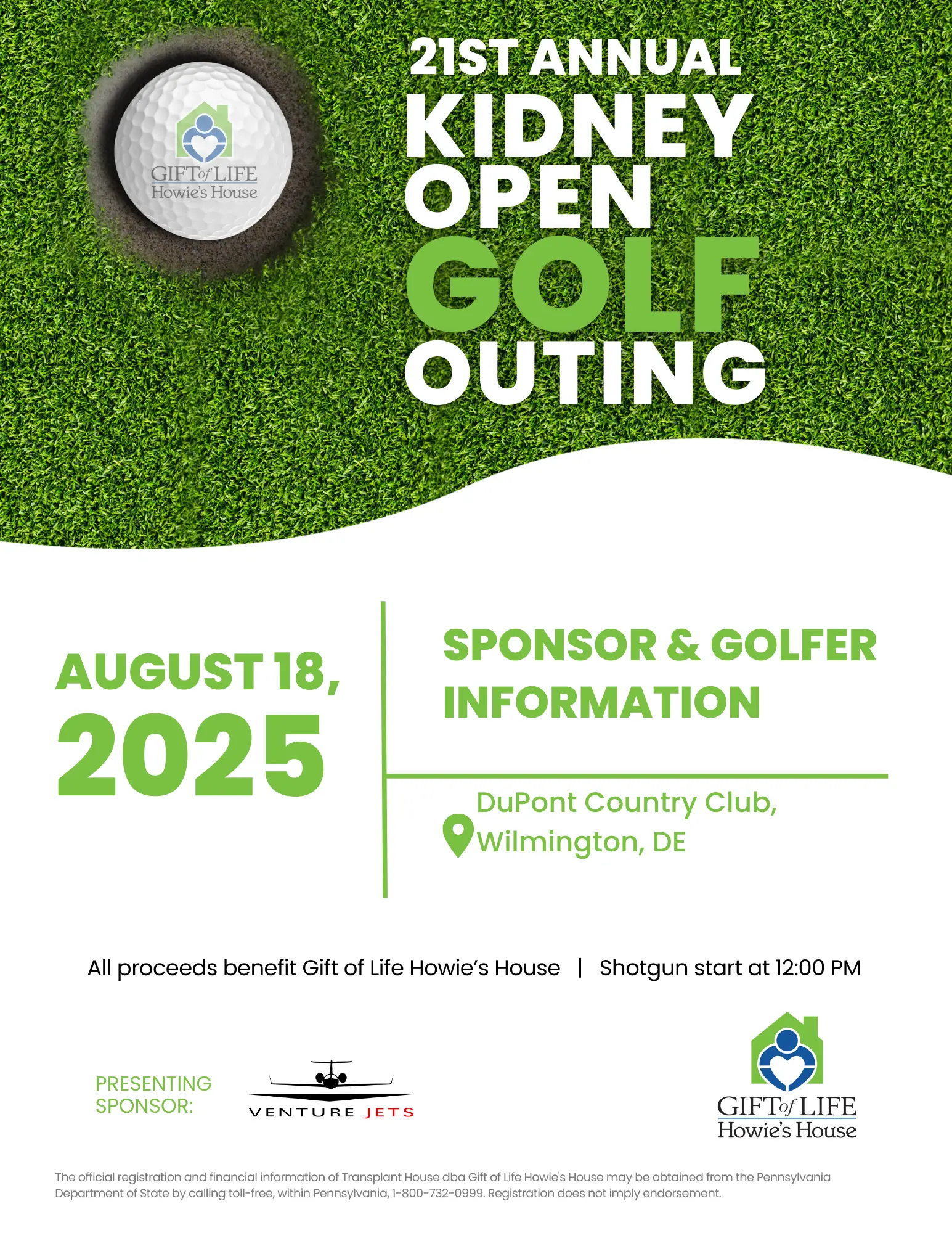 Page shows a golf ball sitting in a hole with 2025 Kidney Open Golf Outing Sponsorship & Golfer Information below - Cover page