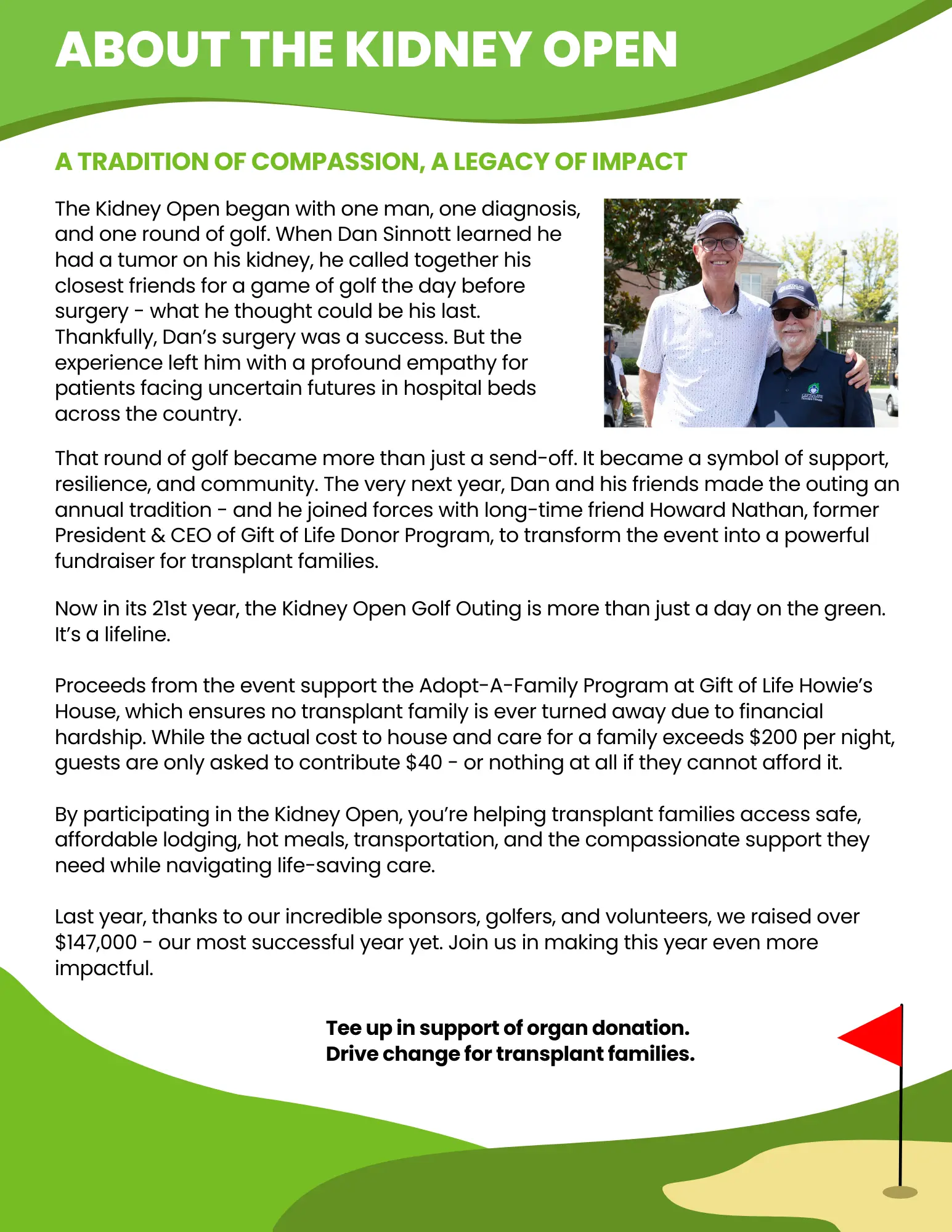 Pictured displayed on the left side shows Dan Sinnott standing on the left with his arm wrapped around Howard Nathan with a detailed history of the Kidney Open Golf Outing Sponsorship & Golfer Information