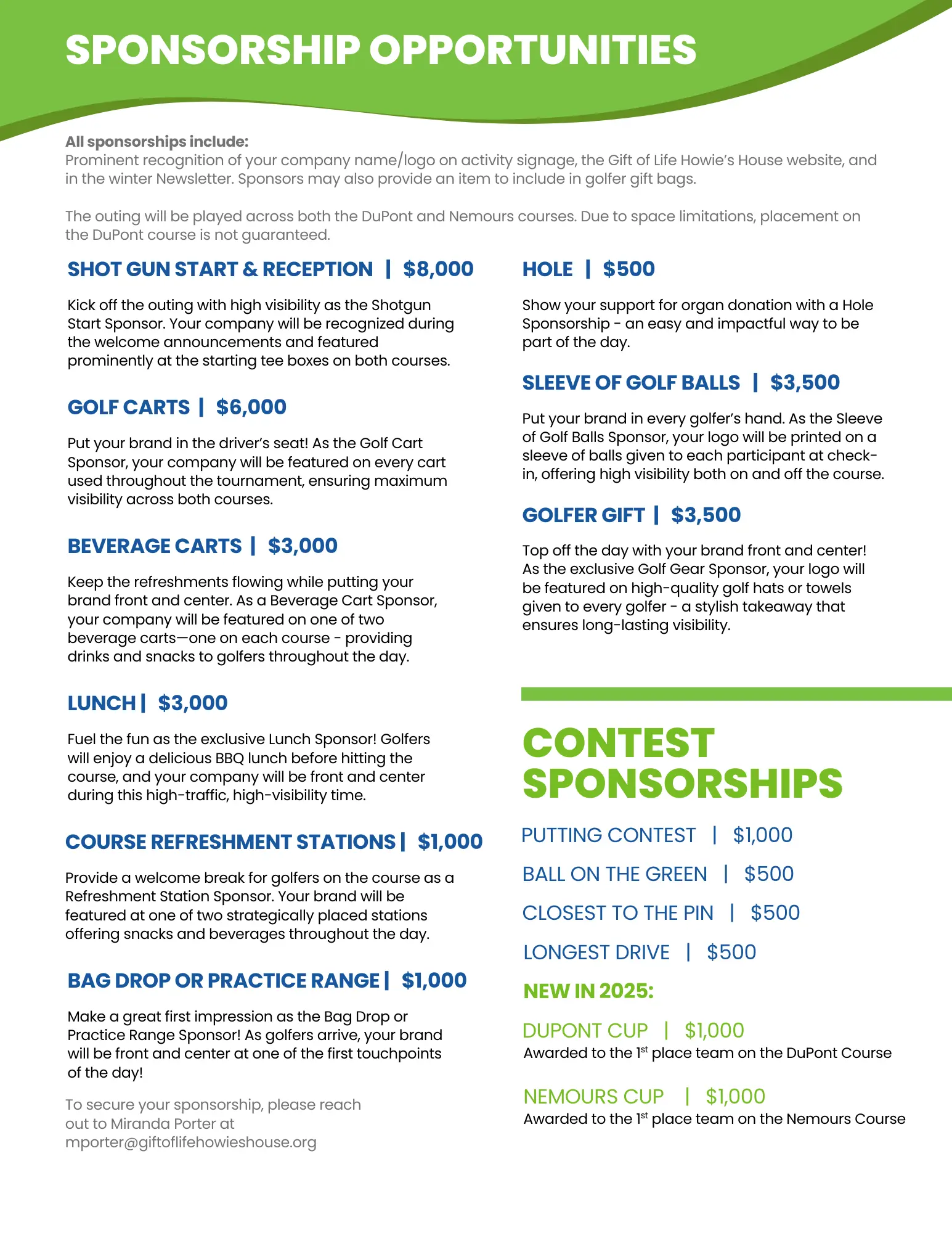 Outlines the sponsorship opportunities available for the 2025 Kidney Open Golf Outing Sponsorship & Golfer Information