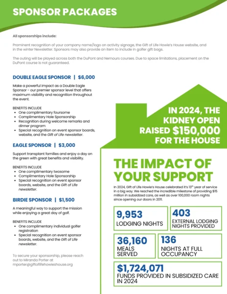 Outlines the golfer and add-ons opportunities available for the 2025 Kidney Open Golf Outing Sponsorship & Golfer Information