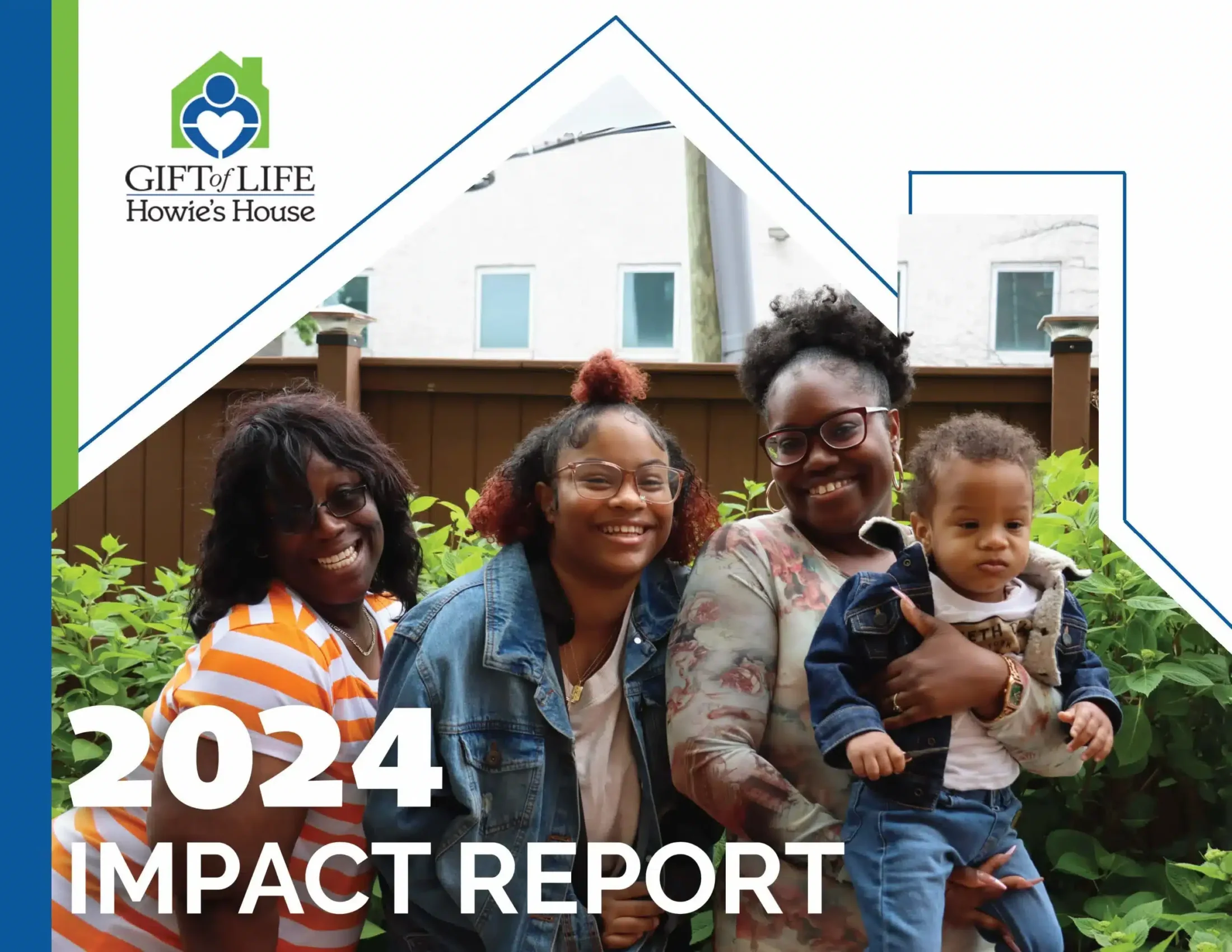 Cover of the Gift of Life Howie's House 2024 Impact report depicting a smiling family. With the mother on the far left followed by her two teenage daughters, one of who is holding their toddler aged younger brother.