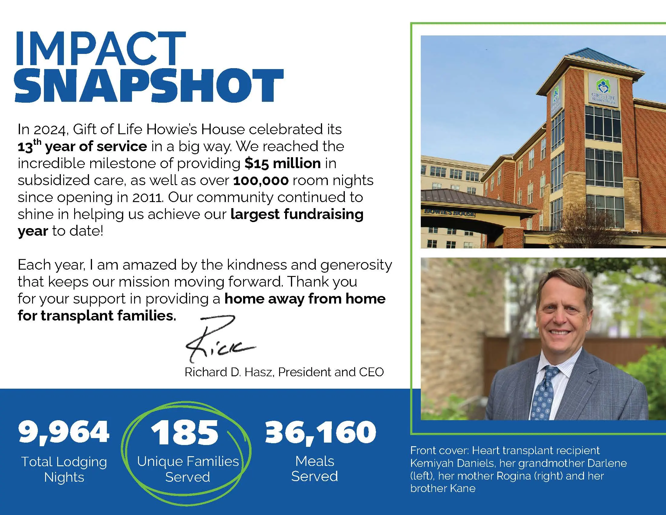 Depicts a snapshot of the impact of Gift of Life Howie's House with the total room nights, unique families and meals served. Picture on top right is picture of the House and pictured below is the President and CEO Rick Hasz.
