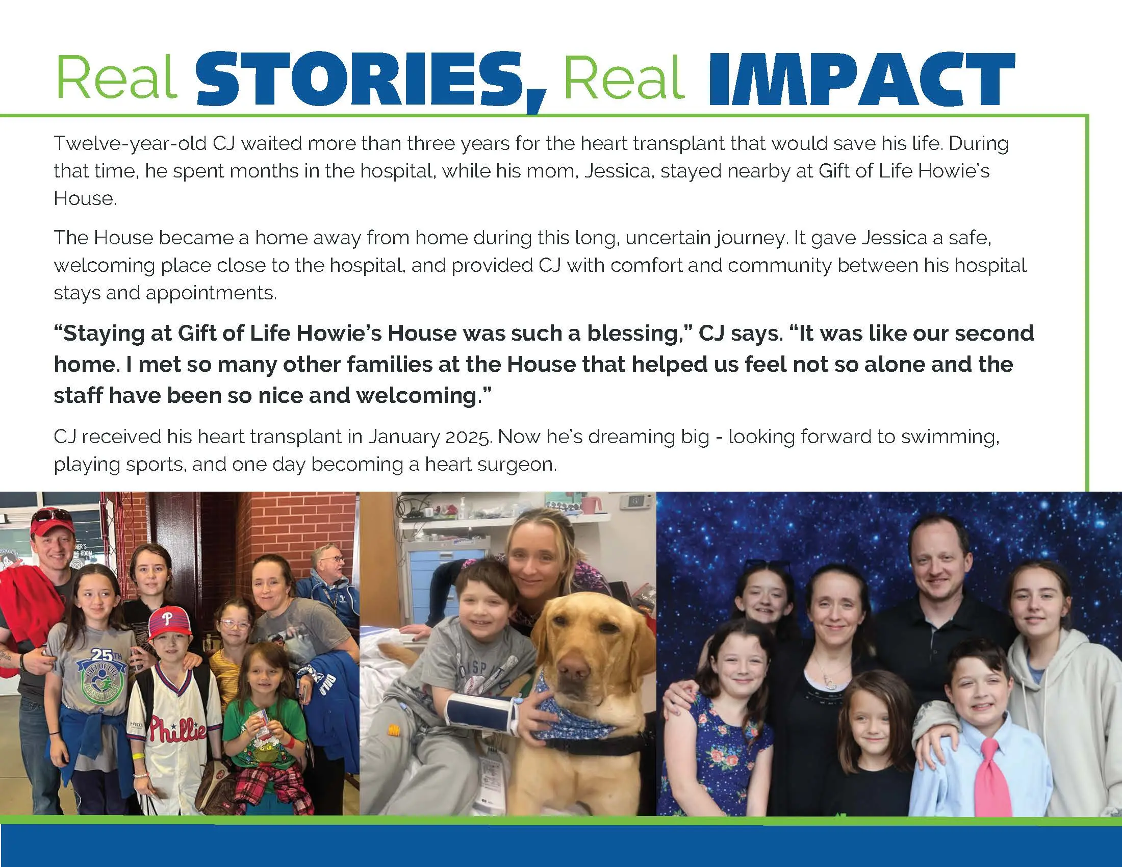 Share's the experience of CJ, a 12 year old guest at the house. At the bottom are 3 family pictures side by side. The picture on the left depicts CJ in the middle surrounding by his mom, dad, 3 sisters and brother