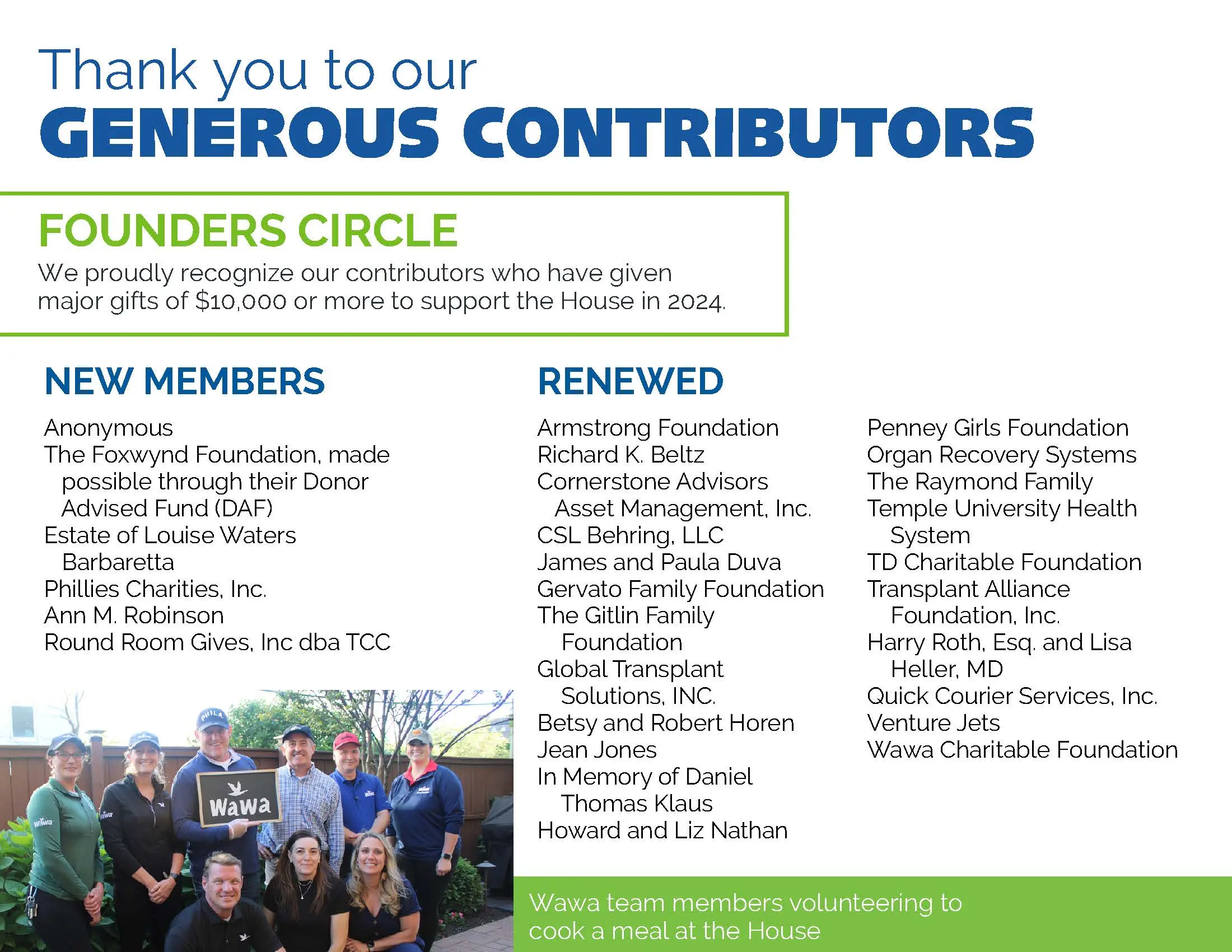 A graphic saying Thank you to Founder's Circle Members, Contributors that gave $10,000 or more. It breaks the names down by new and renewed members.
