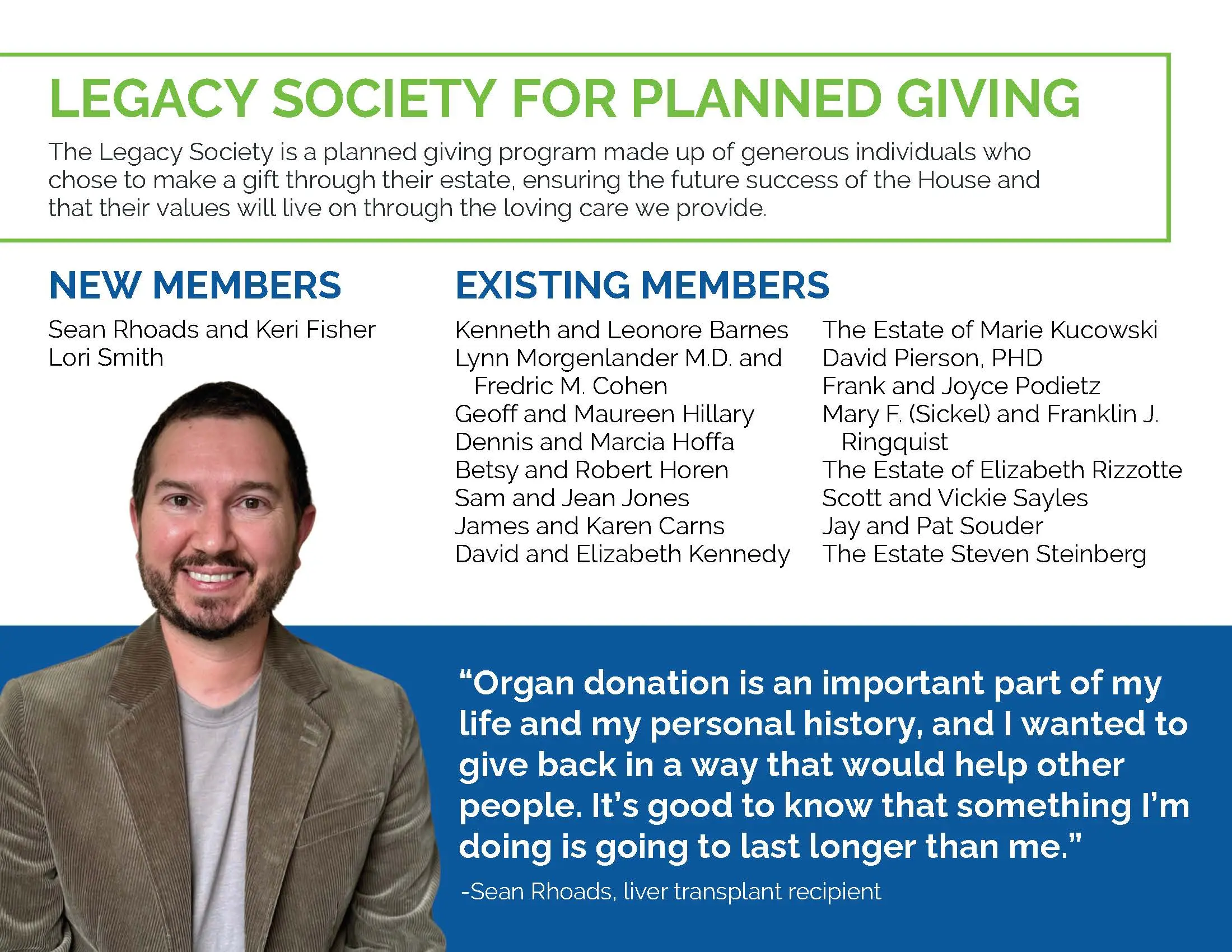 A graphic listing the names of Legacy Society for Planned Giving members, separated by new and existing members.