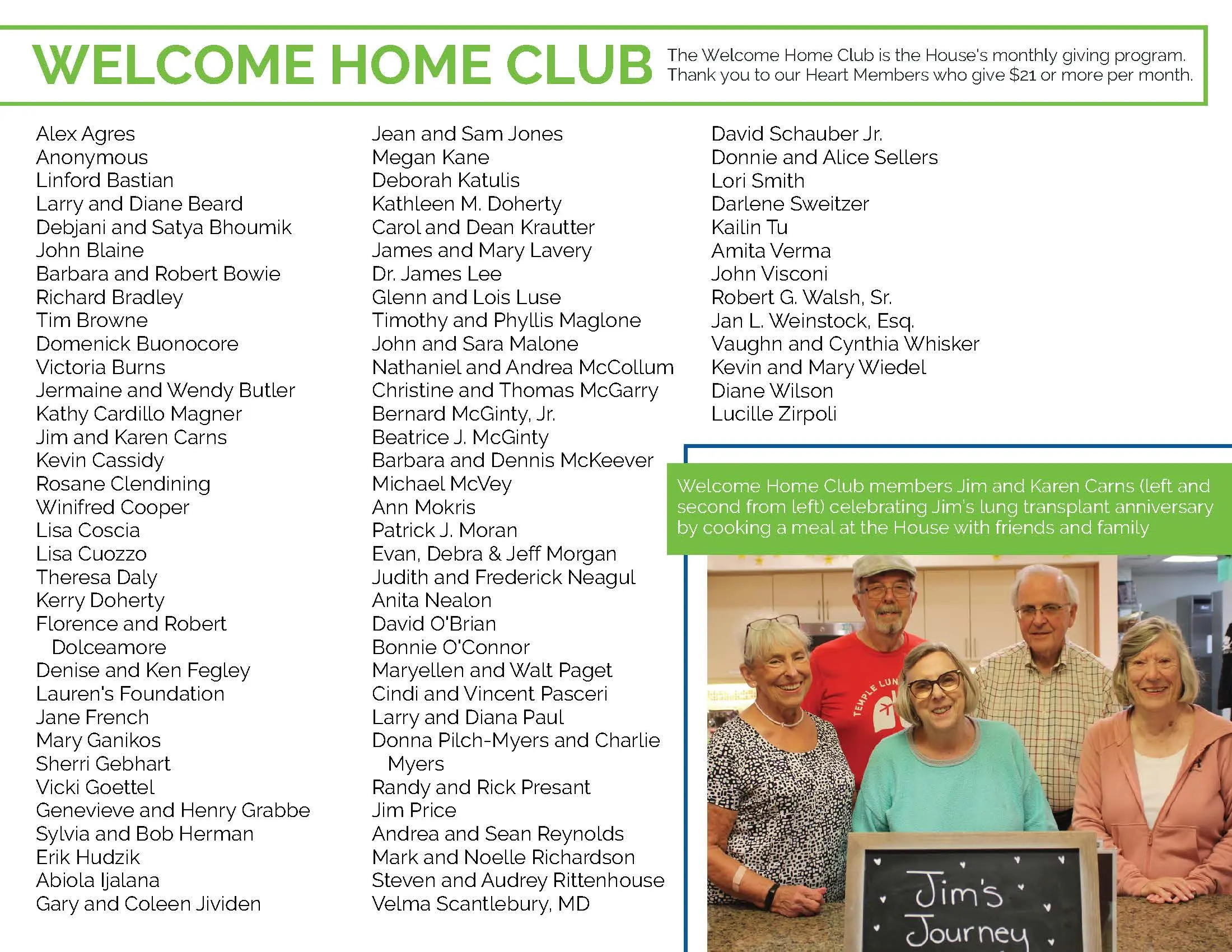List the names of Welcome Home Club members. The Welcome Home Club is the House's monthly giving program. Thank you to our Heart Members who give $21 or more per month.