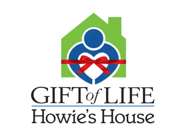 Gift of Life Howie's House Holiday logo with the blue heartman icon in a green house wrapped in a bow.