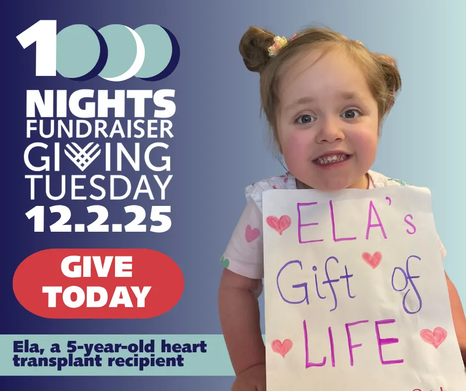 Pictured is Ela, a transplant recipient smiling and holding a sign.